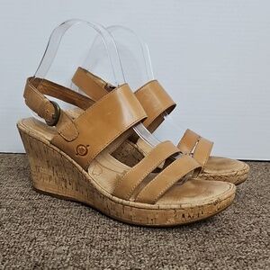Born Tan Leather Wedge Sandals Cork Strappy Sz 9 Womens